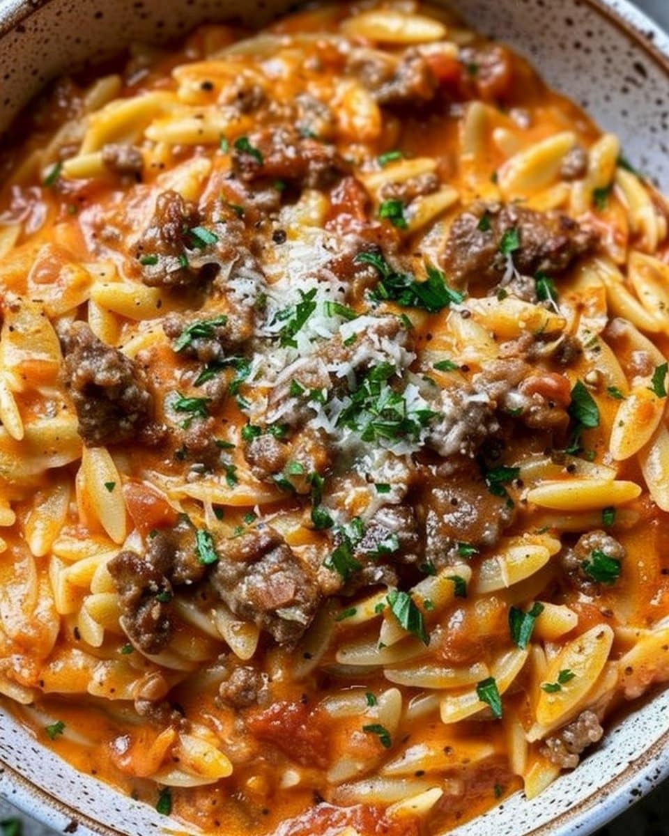 Beef Orzo with Tomato Cream Sauce