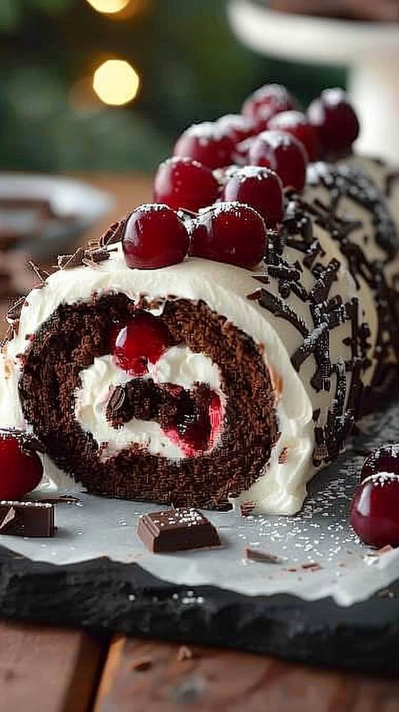 Elegant Black Forest Cake Roll: Chocolate Cherry Dream Swirl