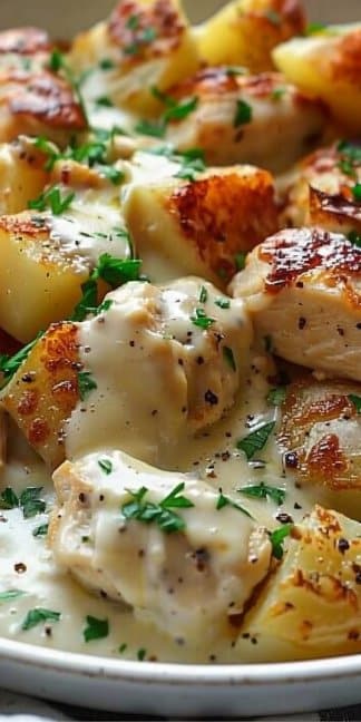 High Protein Creamy Garlic Cheesy Chicken Potatoes