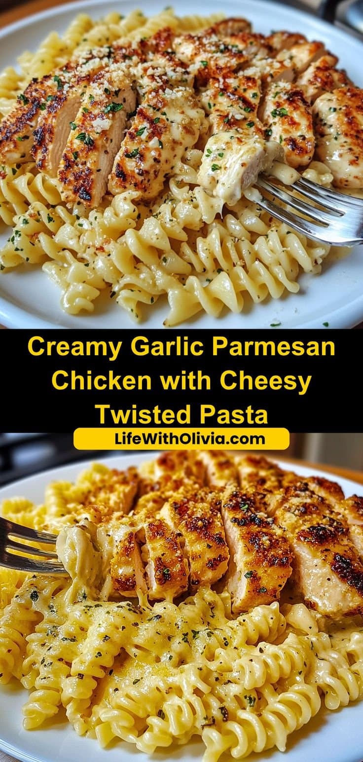 Creamy Garlic Parmesan Chicken with Cheesy Twisted Pasta