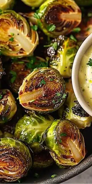 Addictive crispy Brussels sprouts served with creamy Dijon aioli