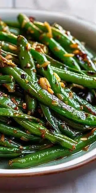 Crispy air fryer garlic green beans served in a bowl.