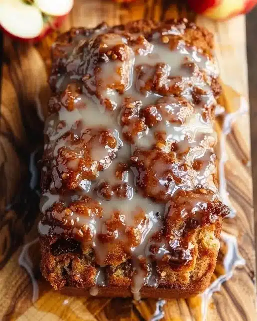 A slice of moist Amish Apple Fritter Bread with apples and cinnamon.