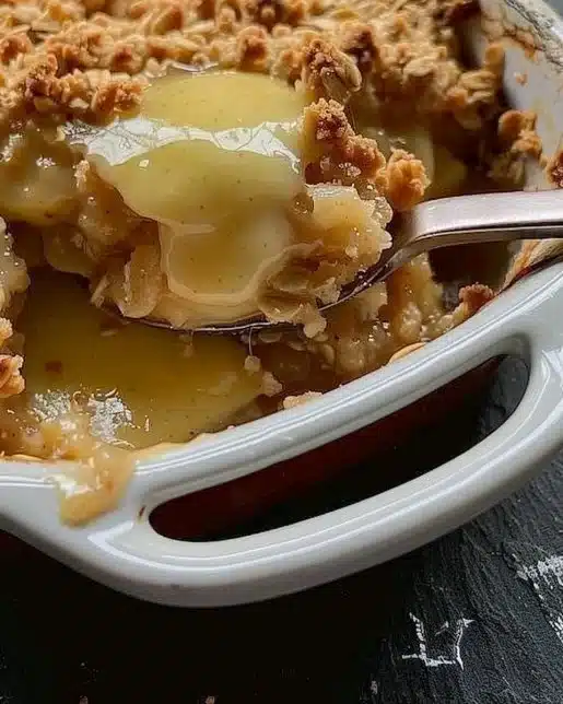 Delicious apple and pear crumble dessert served in a bowl