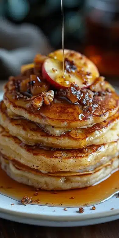 Fluffy Apple Cinnamon Pancakes stacked with syrup and apple slices