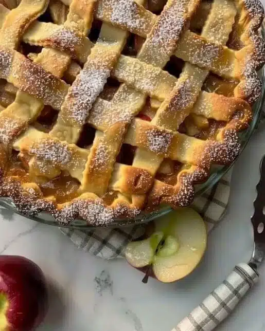 Delicious homemade apple pie with a golden crust and fresh apple filling.