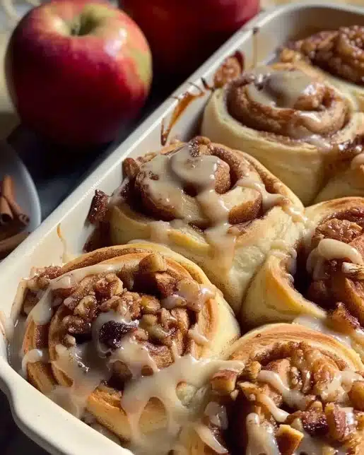 Delicious apple pie cinnamon rolls topped with icing and sprinkled cinnamon.