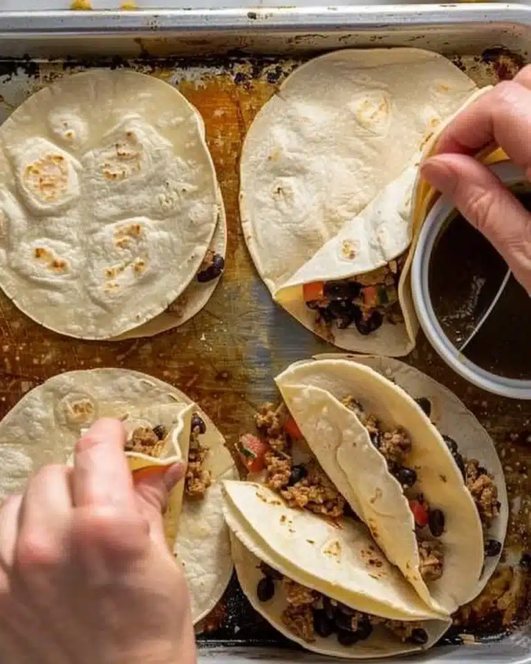 Plate of baked turkey tacos topped with fresh vegetables and cheese.