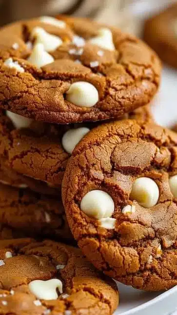 Bakery style gingerbread white chocolate chip cookies on a festive plate.