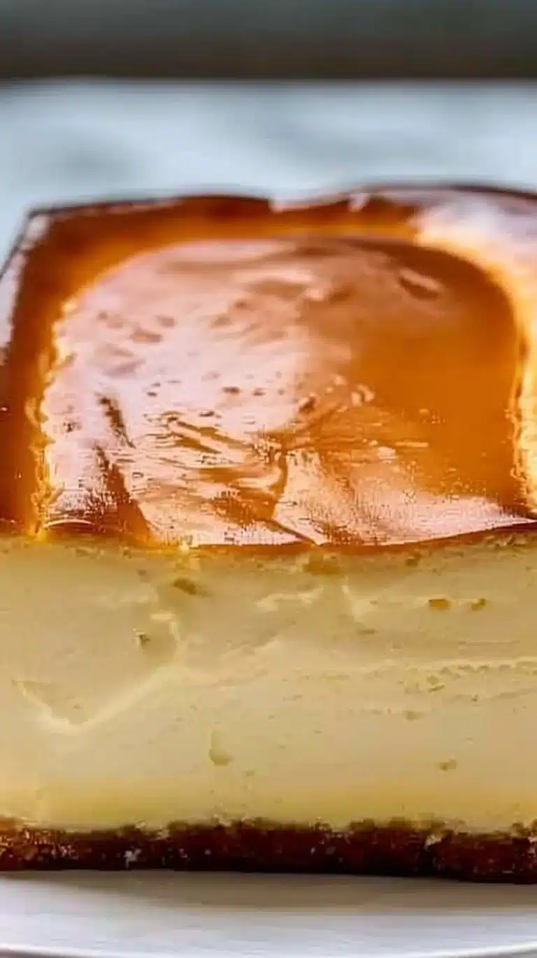 Delicious Basque cheesecake baked in a loaf pan, showcasing a creamy texture and golden crust.