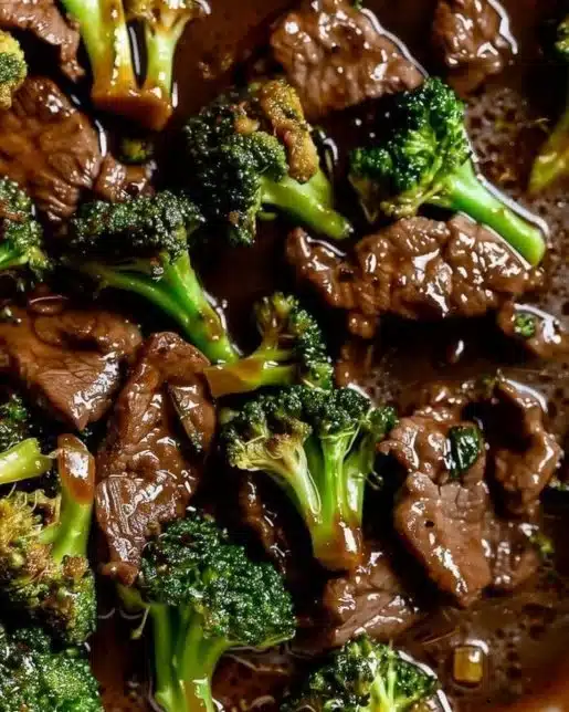 Delicious beef and broccoli stir-fry served on a plate.