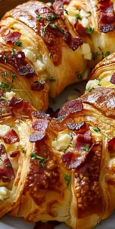 Beef Bacon Brie Crescent Wreath appetizer on a holiday table