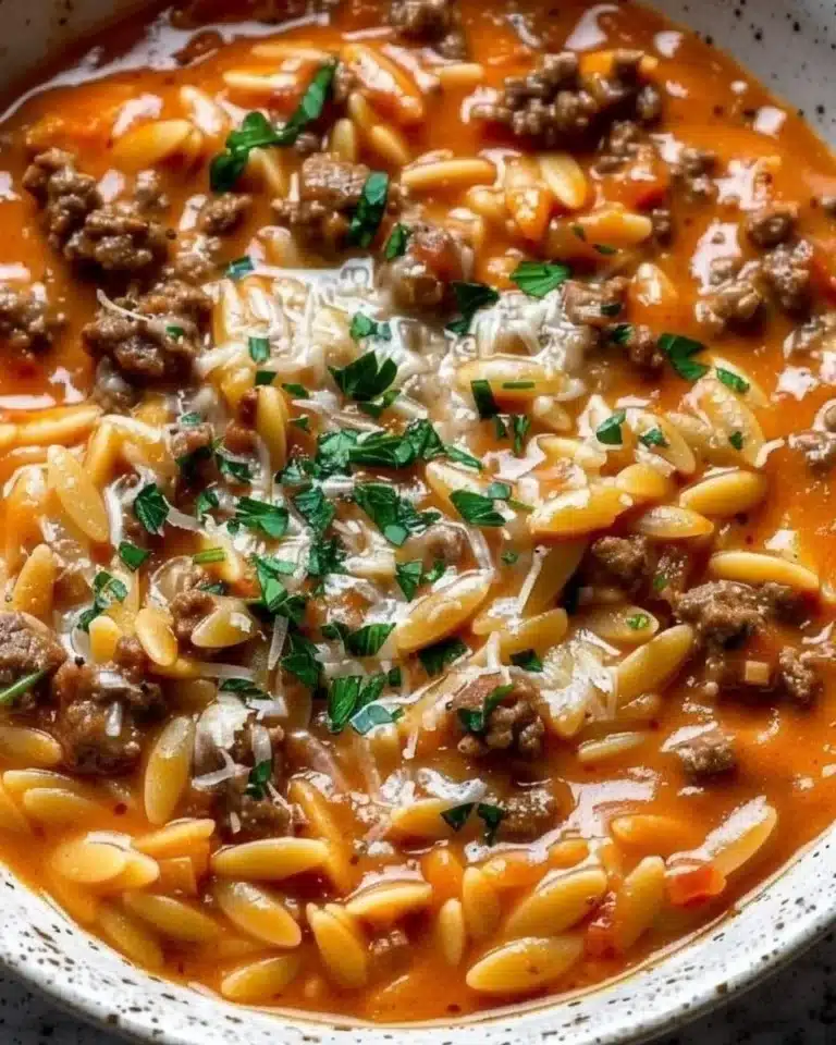 Delicious beef orzo with tomato cream sauce served in a bowl