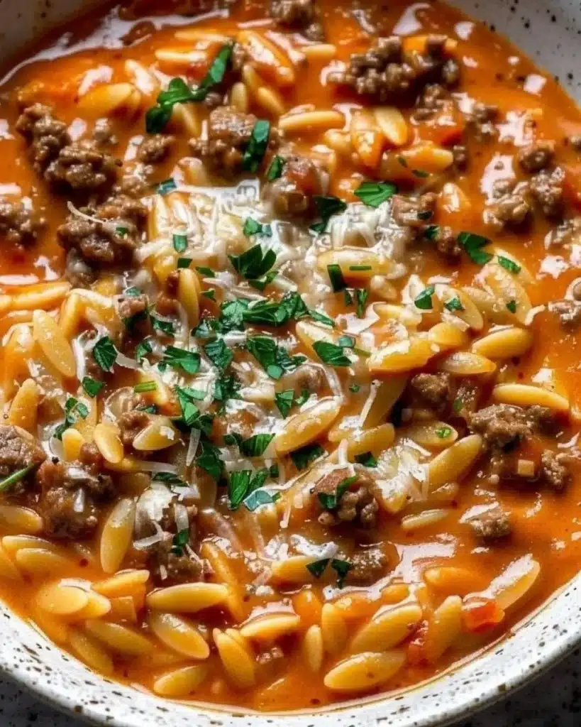 Beef Orzo with Tomato Cream Sauce