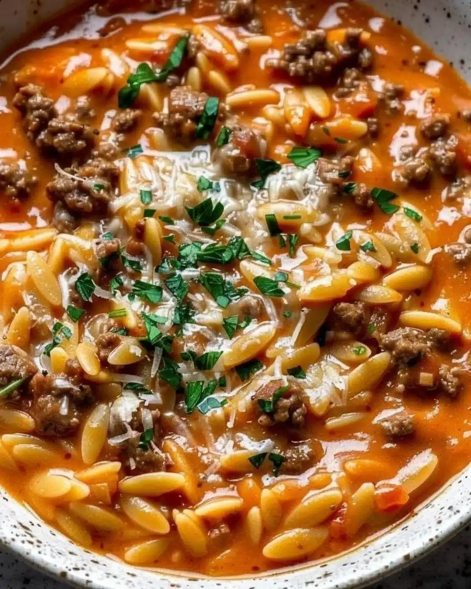 Beef Orzo with Tomato Cream Sauce