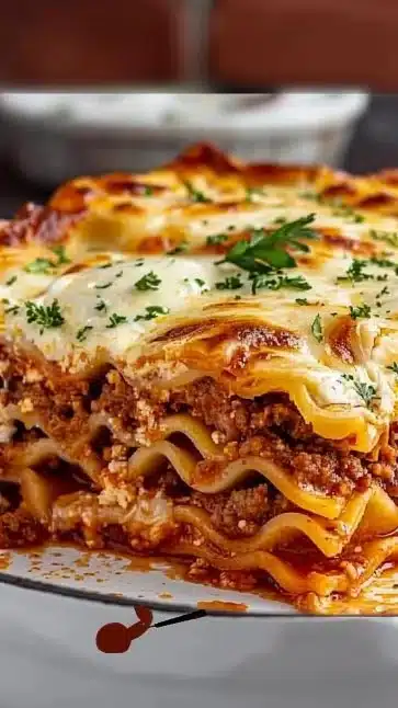 Delicious beef lasagna with cheesy layers, perfect comfort food for family meals.