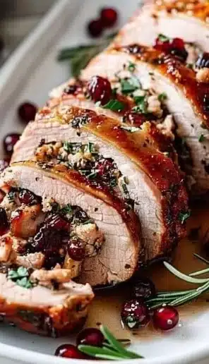 Delicious Christmas stuffed pork tenderloin with festive stuffing, ready for holiday dinner.