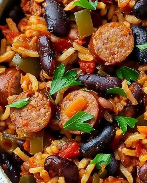 Black Beans and Rice with Sausage served in a bowl, garnished with herbs.