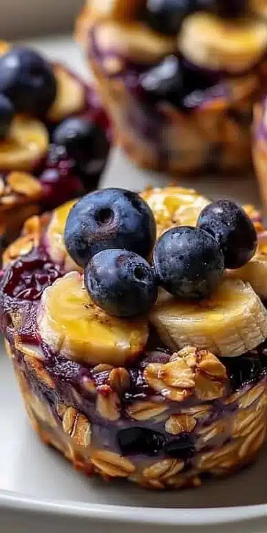 Blueberry Banana Baked Oatmeal Cups in a colorful muffin tin