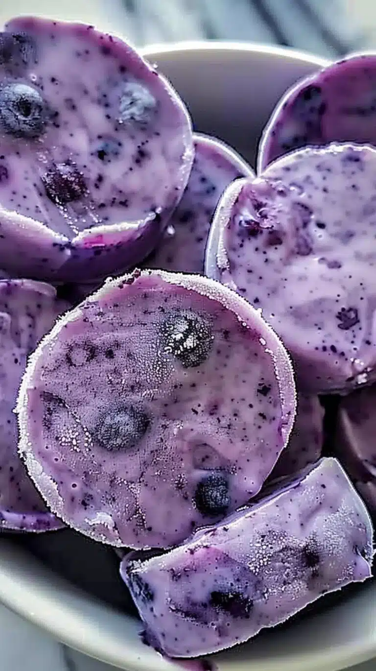 Blueberry and banana frozen treats for dogs in a pet-friendly bowl