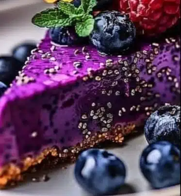 Slice of blueberry chia seed pie on a plate
