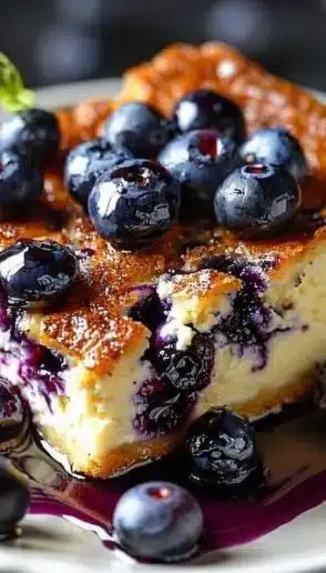 Delicious Blueberry Cottage Cheese Breakfast Bake topped with fresh blueberries