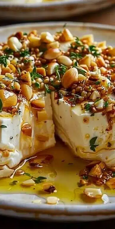 Boursin cheese appetizer served with crackers and fresh herbs