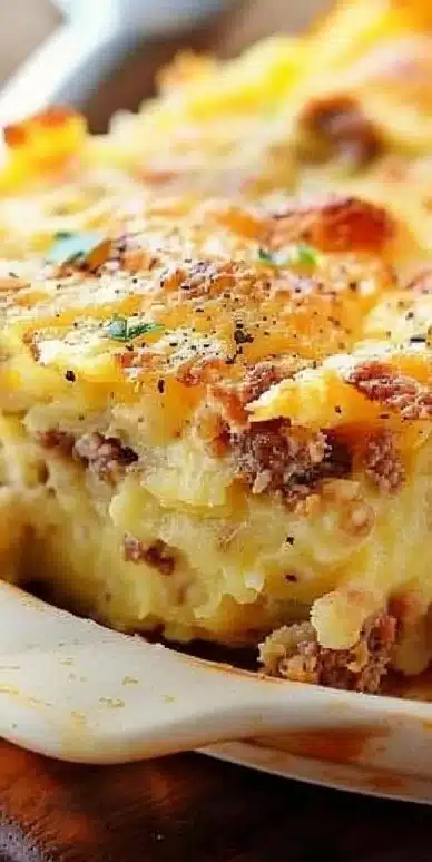 Delicious Breakfast Casserole with Biscuits topped with cheese and herbs
