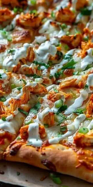 Buffalo Chicken Flatbread Pizza with melted cheese and spicy chicken toppings