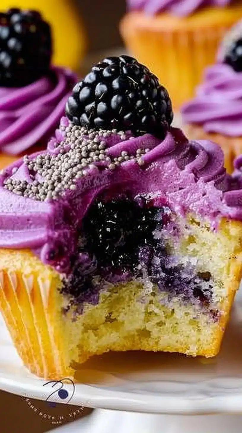 Bursting with Brightness: Lemon Berry Poppy Cupcakes with Blackberry Filling and Purple Frosting