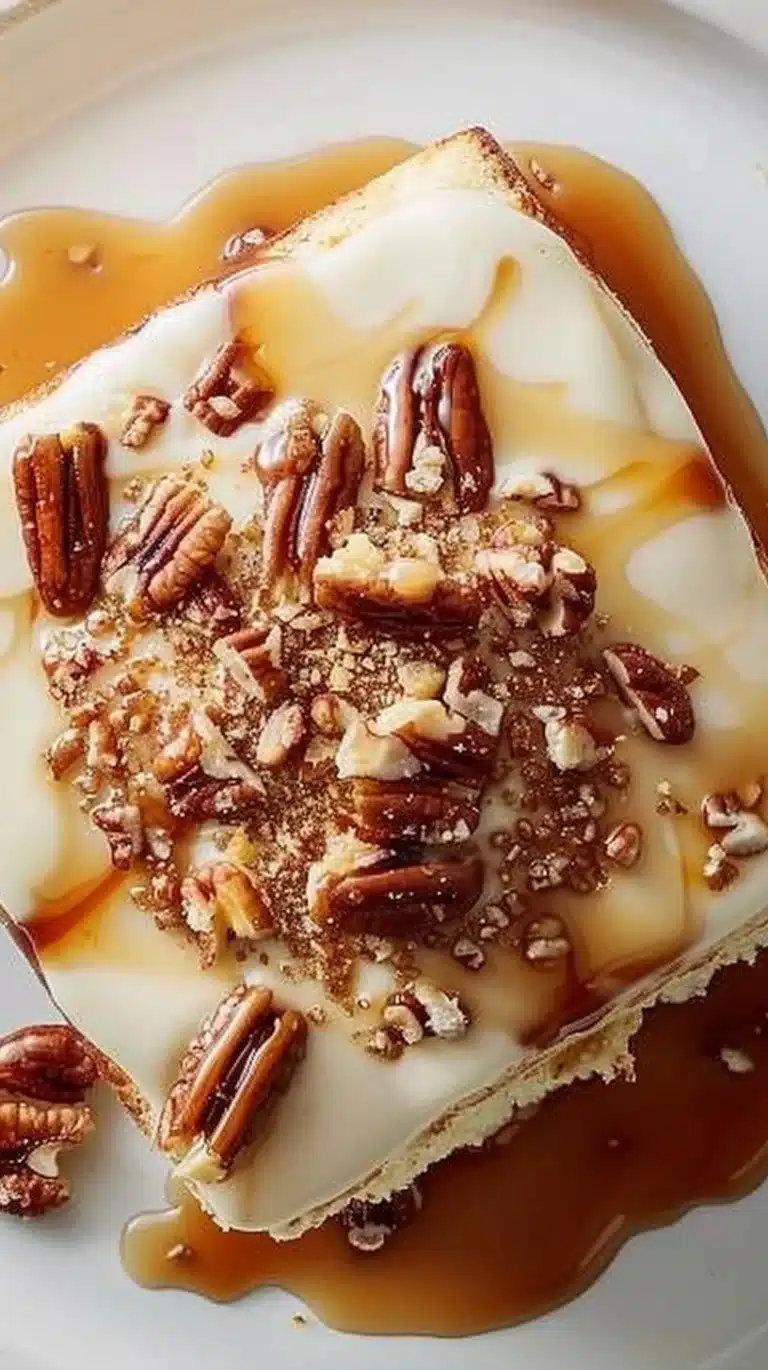 Delicious Butter Pecan Praline Poke Cake topped with caramel and pecans