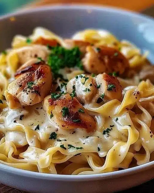 Plate of buttered noodles with chicken garnished with herbs