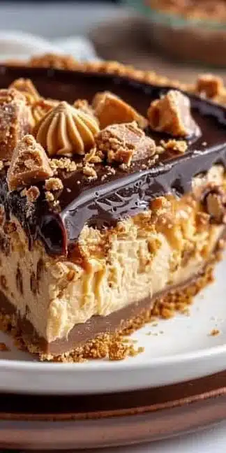 Delicious Butterfinger pie topped with peanut butter and chocolate