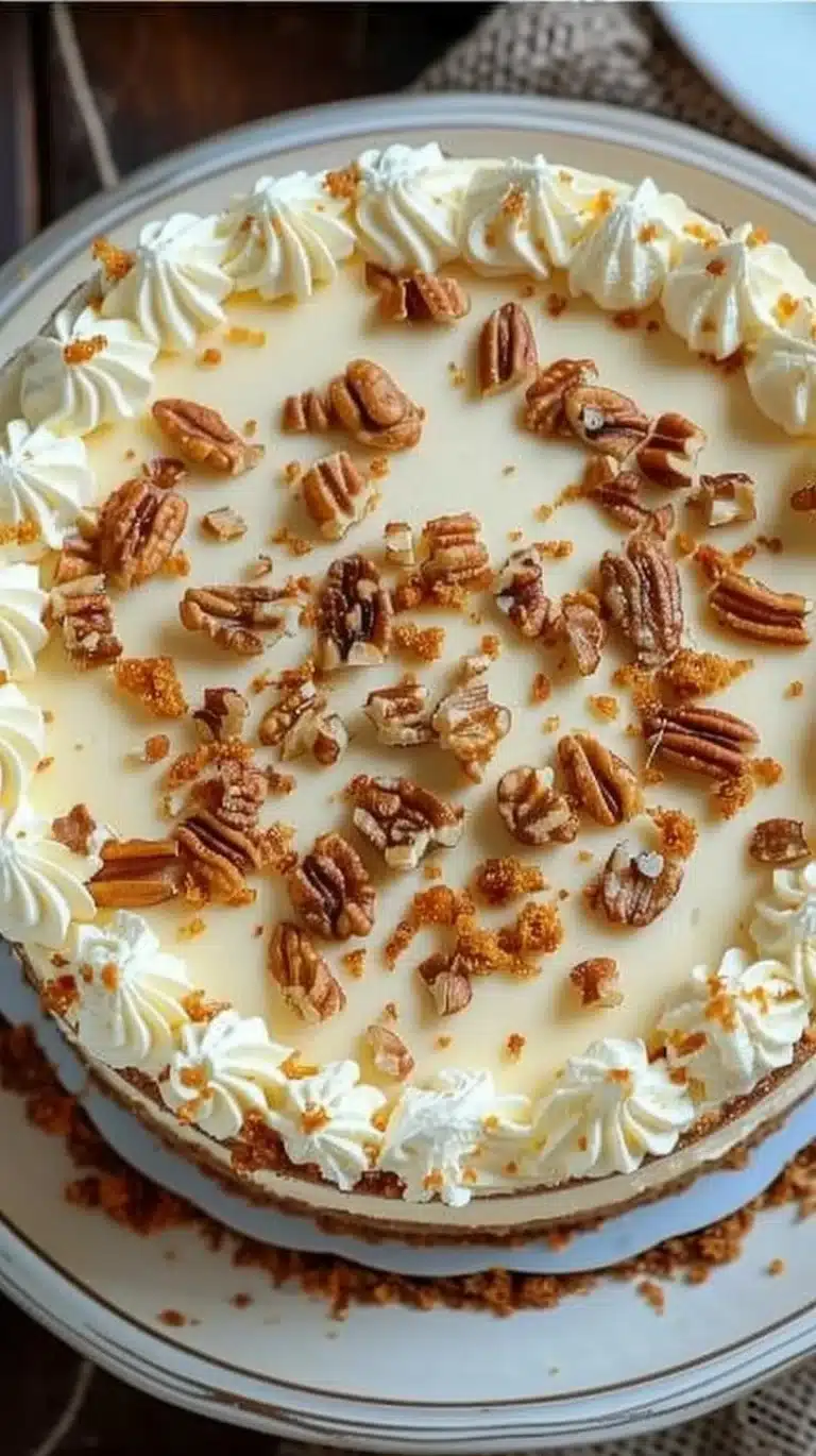 Carrot cake cheesecake with creamy topping on a plate