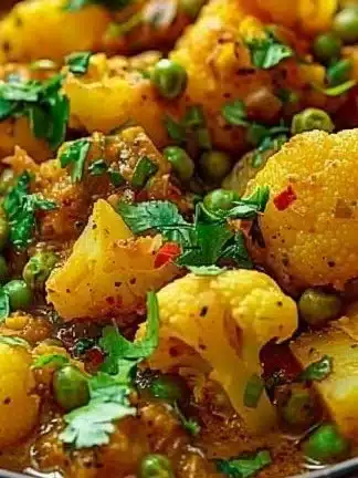 Delicious Cauliflower Potato Curry served in a bowl with spices and herbs