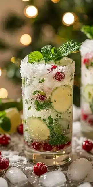 Refreshing white Christmas mojitos served with festive garnishes