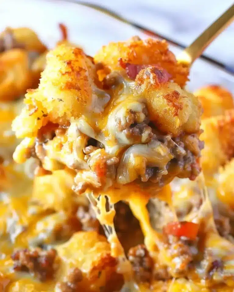 Delicious Cheeseburger Tater Tot Casserole topped with melted cheese and crispy tots