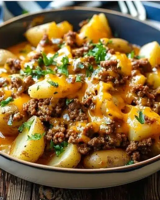Cheesy ground beef and potato casserole ready to serve in a baking dish.