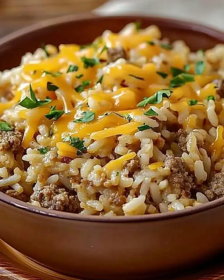 Cheesy Hamburger Rice Casserole served in a baking dish with melted cheese on top