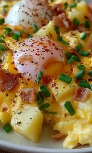 Cheesy potato egg scramble served in a bowl with fresh herbs on top