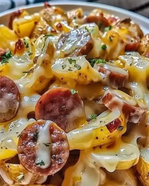 Cheesy Ranch Potatoes with smoked sausage served on a plate