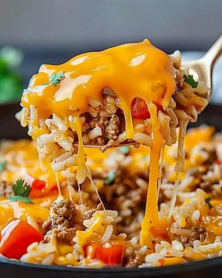 Cheesy taco rice served in a bowl, topped with cheese and fresh toppings.