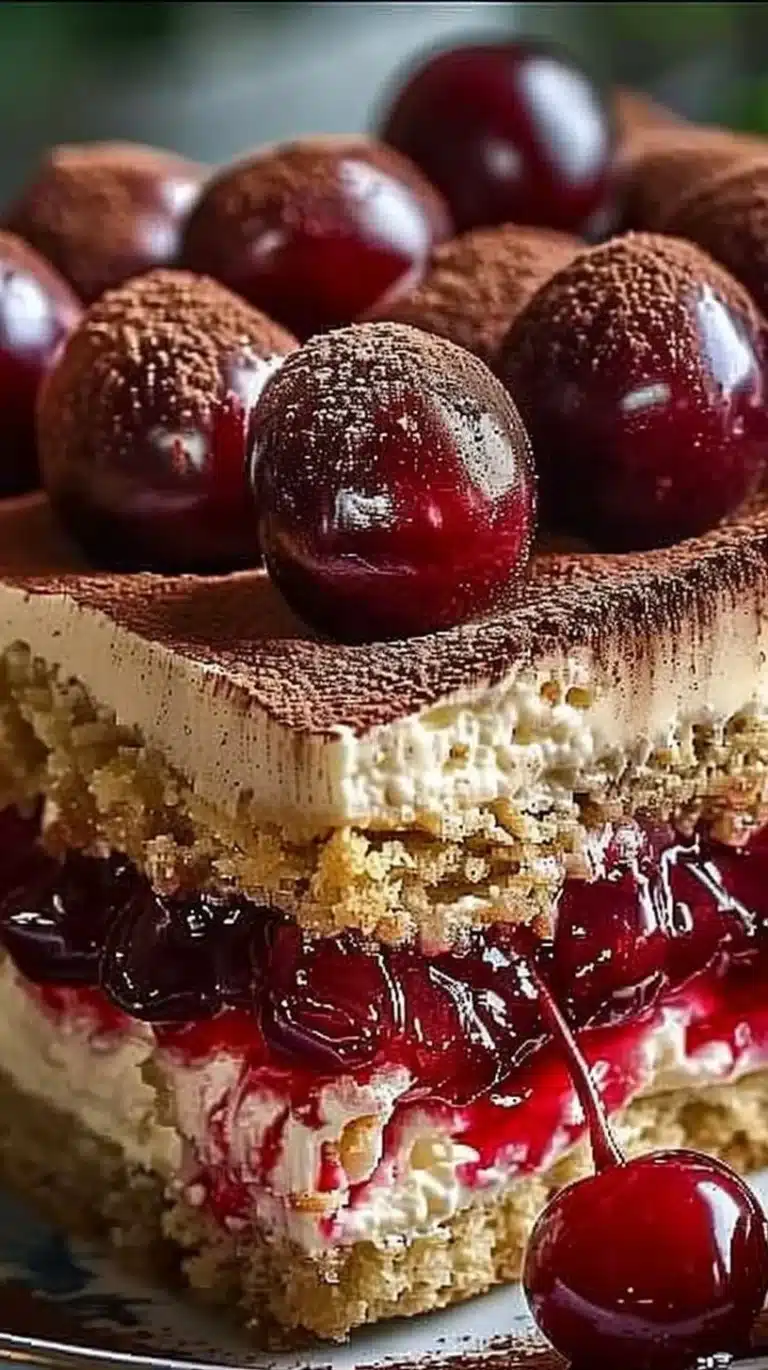 Delicious Cherry Amaretto Tiramisu dessert with layers of mascarpone and cherries