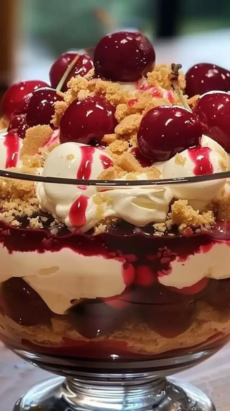 Delicious Cherry Cheesecake Trifle served in a glass dish with cherries on top.