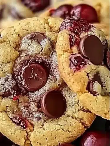 Freshly baked Cherry Chocolate Chip Cookies on a cooling rack