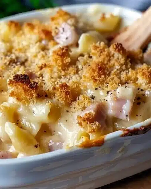 Delicious Chicken Cordon Bleu Casserole topped with melted cheese and ham.
