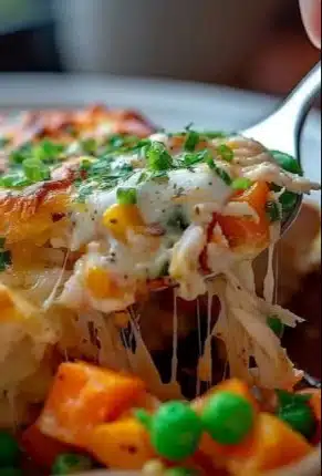 Delicious Chicken Pot Pie with sweet potatoes, topped with golden crust, served in a rustic dish.