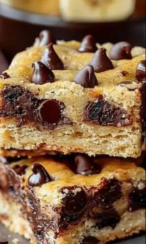Freshly baked chocolate chip banana bars on a wooden table