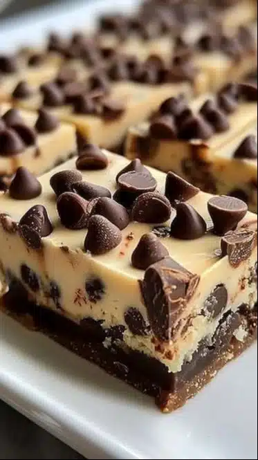 Delicious chocolate chip cheesecake bars on a rustic table