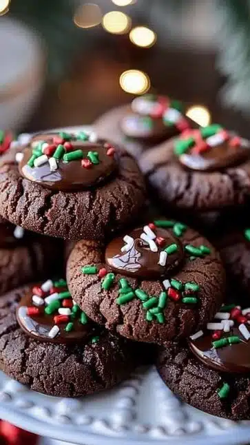 Delicious Chocolate Thumbprint Cookies with a rich chocolate base and jam filling.